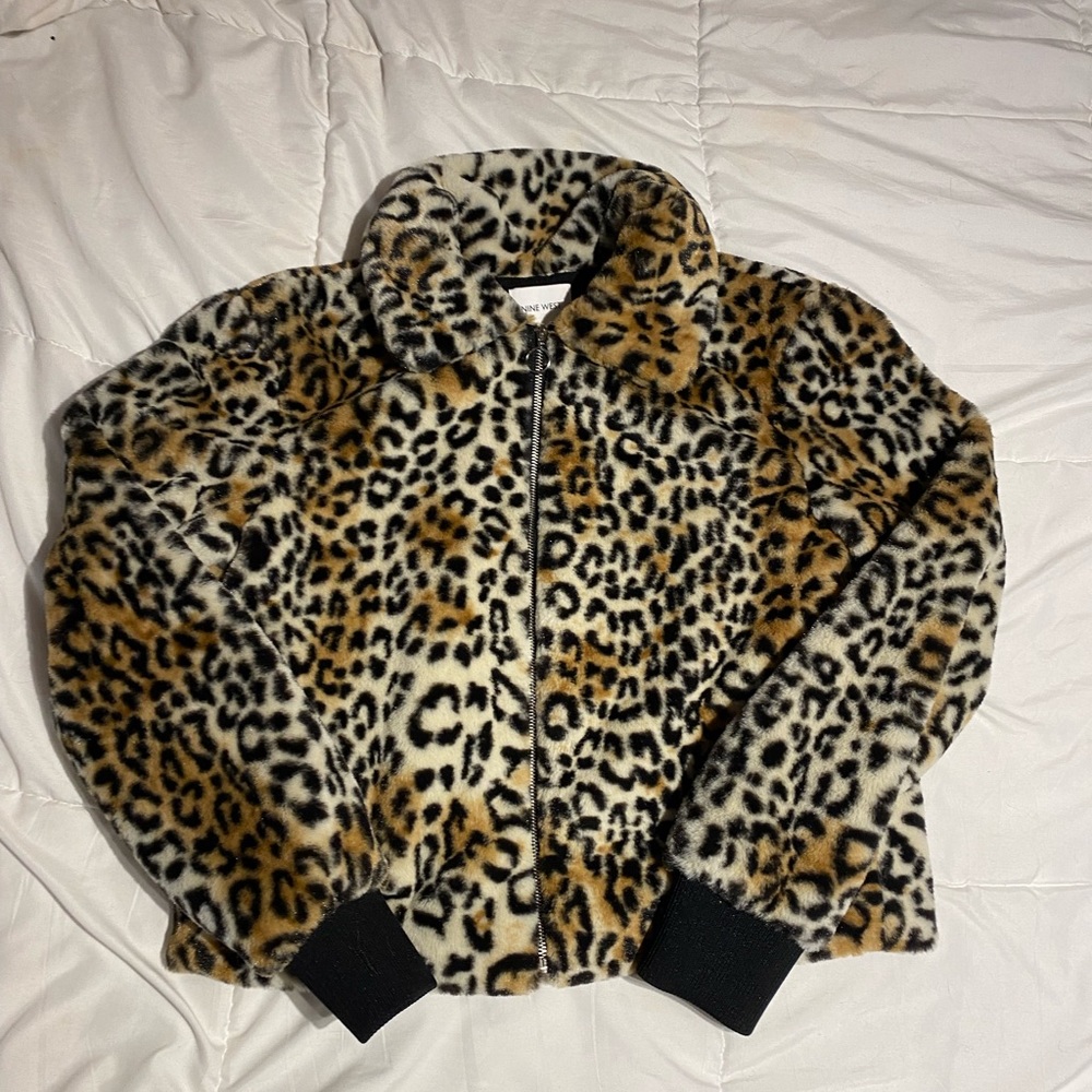 Nine West Faux Fur Leopard Bomber Jacket